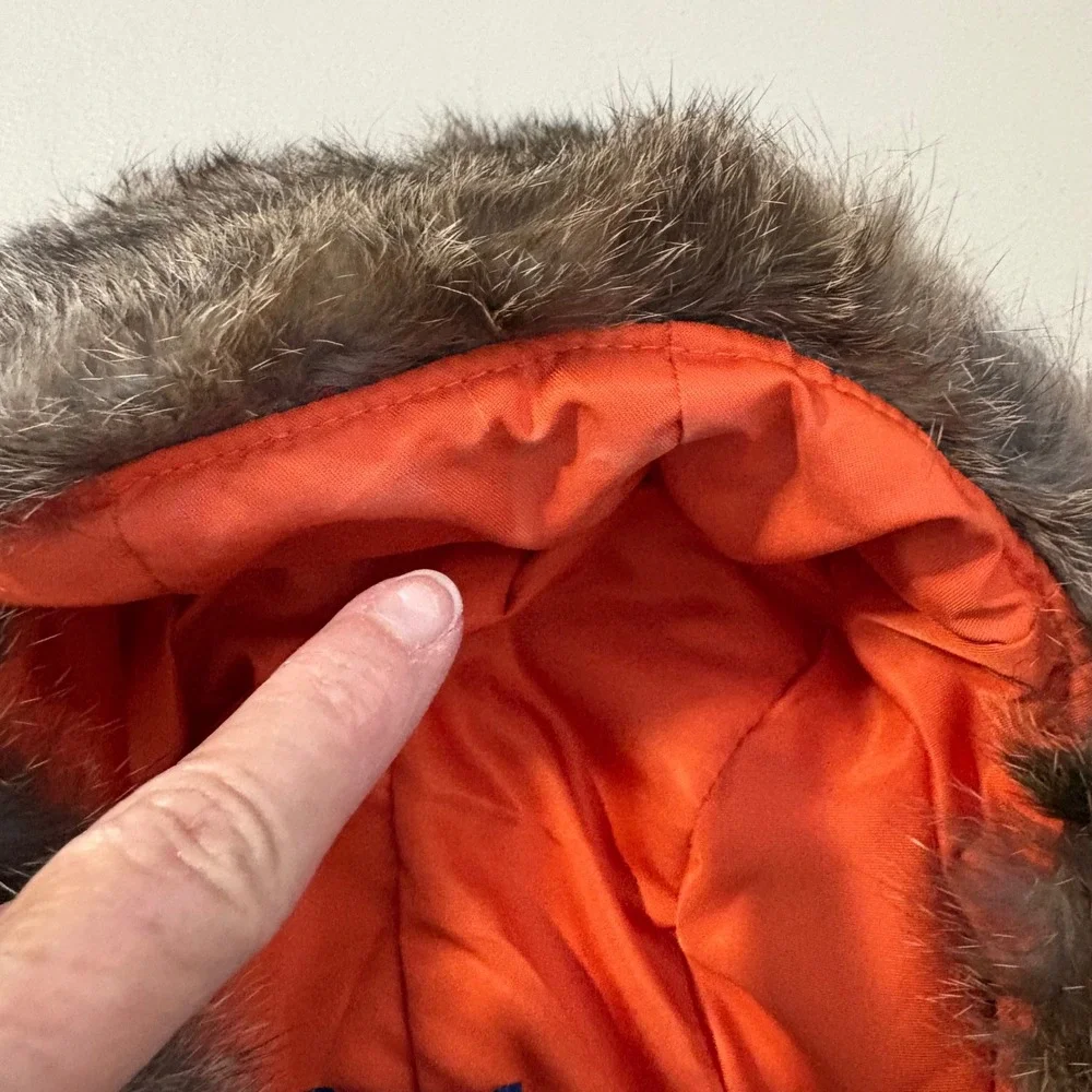 J. McLaughlin Orange Quilted Trapper Hat Real Fur Trim Ear Flaps XS/S Winter